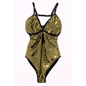 Black Fuchsia Sequin Bodysuit Women 3X Gold Mirror Strappy Lingerie Clubwear